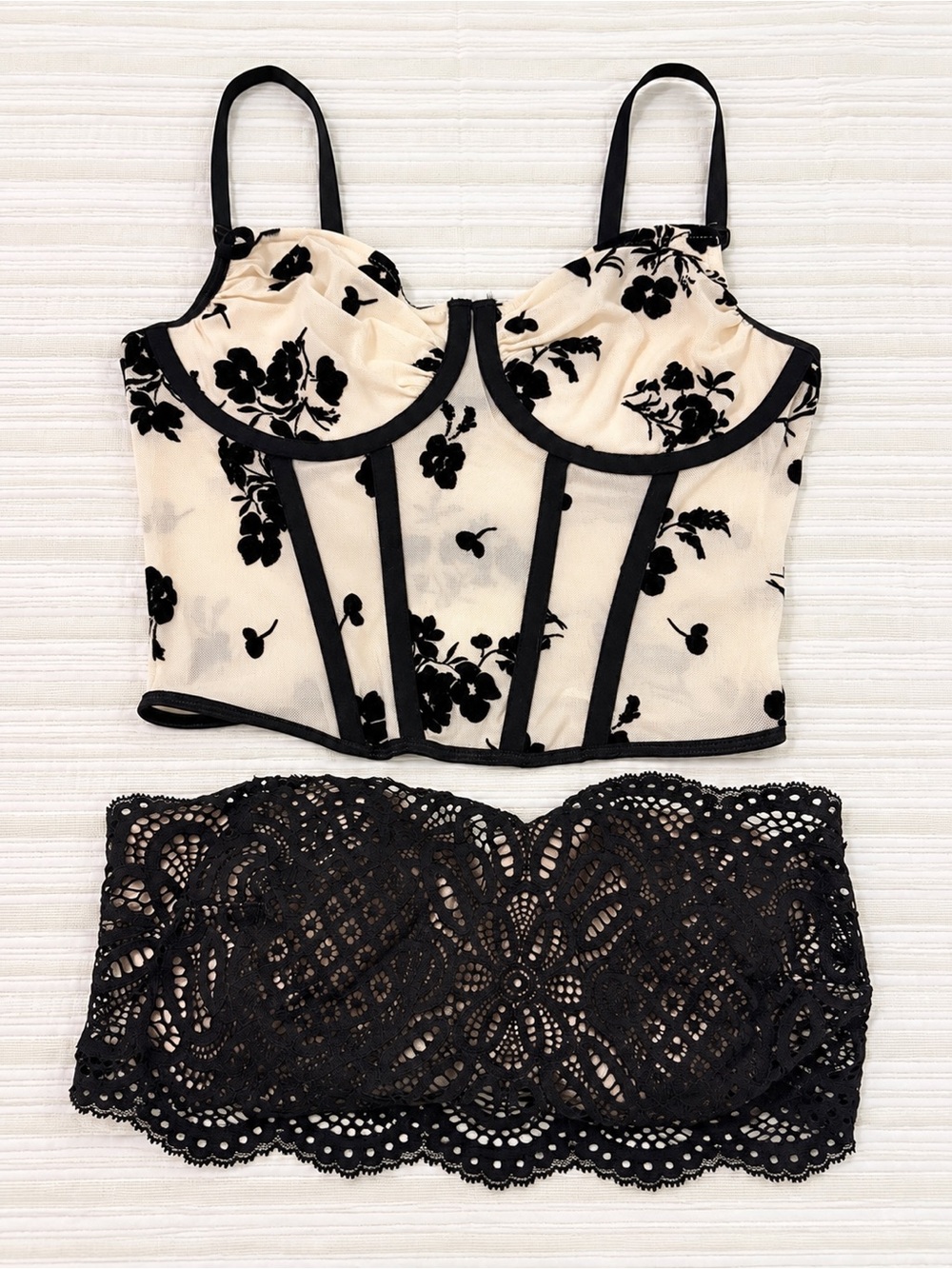 Victoria's Secret Cream and Black Floral Mesh Bustier Top